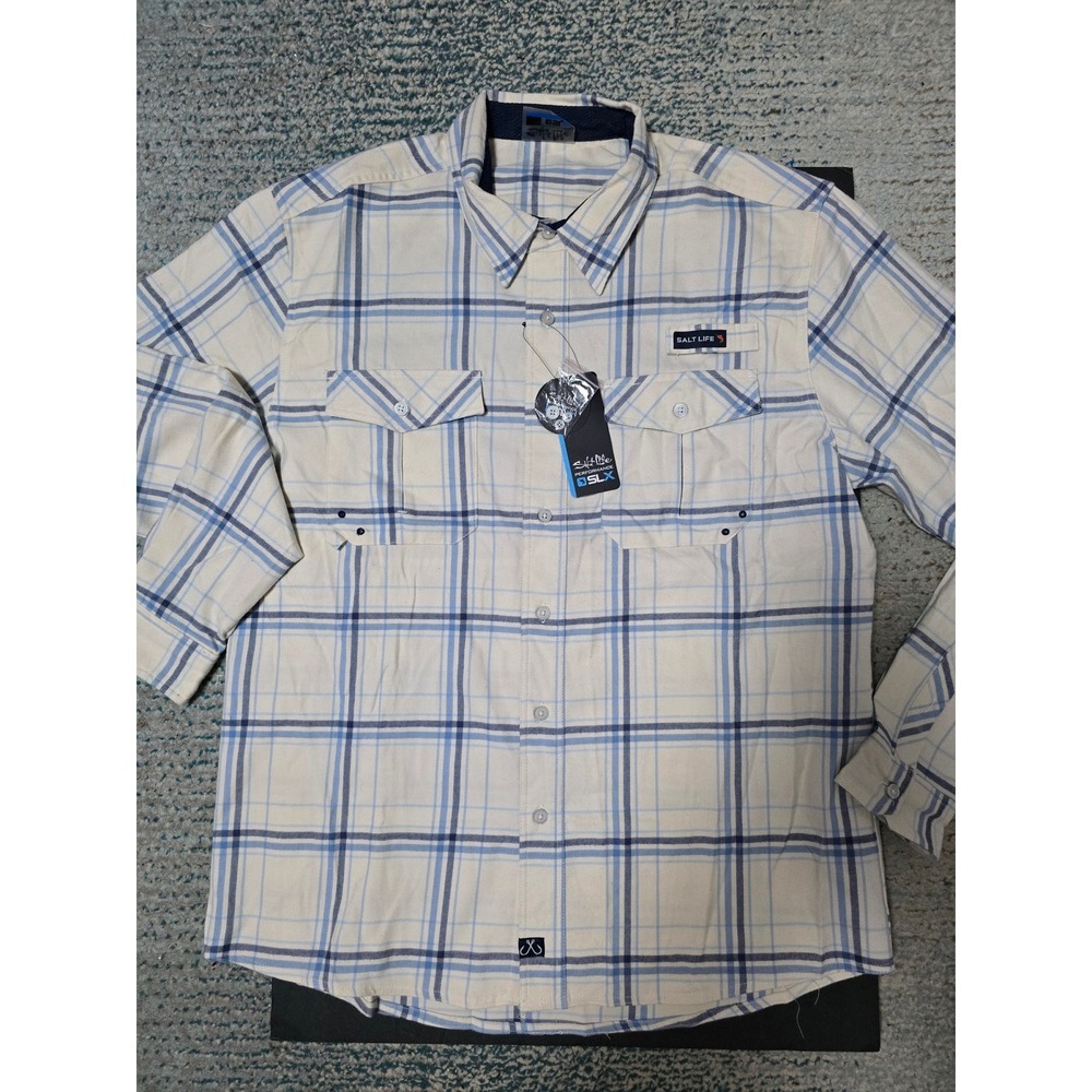 NWT Salt Life Flannel SZ LG SPF 30Long sleeve button up blue plaid mesh vent(E)
